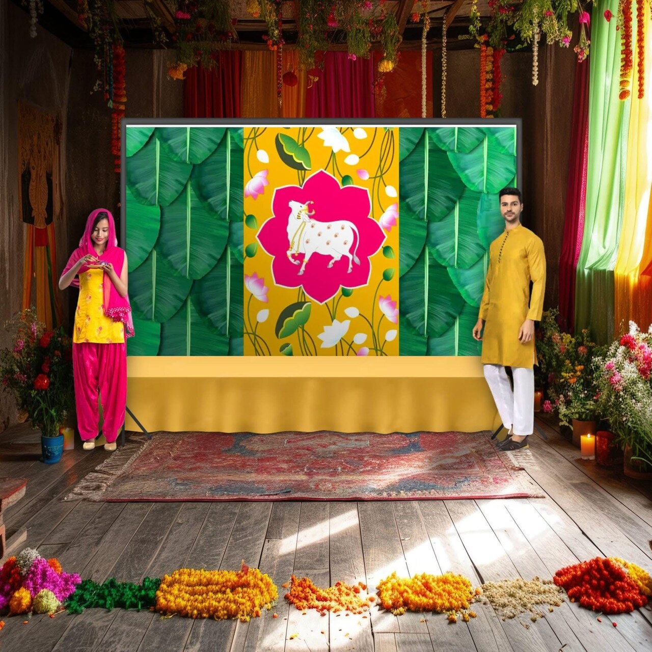 Pichwai Cow Print Backdrop 5x8 Feet Backdrop Indian Traditional Cloth Banana Leaf Decor Indian Pooja Wall Decor Indian Wall Art Photo Decor Banner Decorative Pooja Cloth Wedding Favor